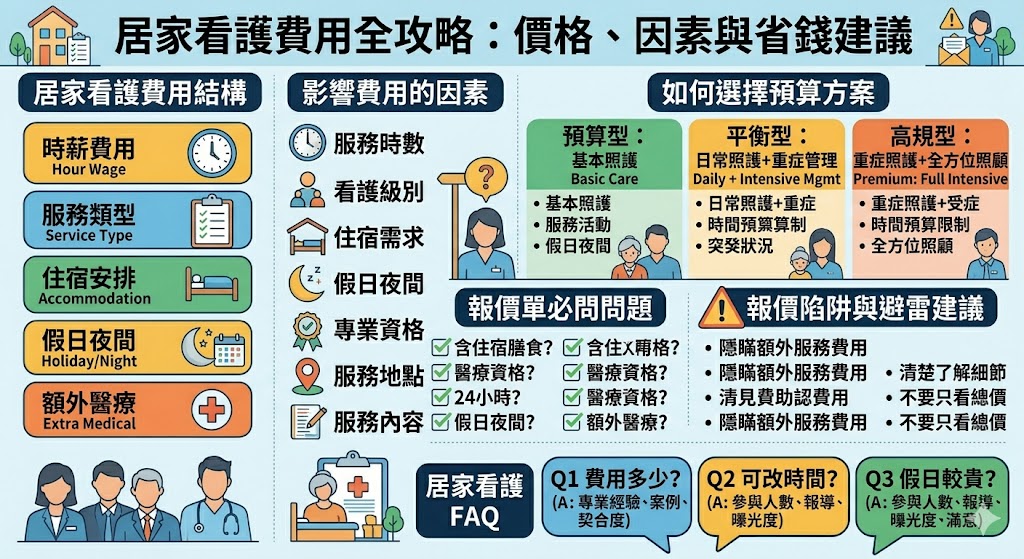 居家看護費用的計算涉及多個因素,從基本的日常照護到重症看護,費用差異很大。了解居家看護費用的結構,對於家庭在選擇合適服務時至關重要。無論是時薪費用、看護專業等級,還是是否需要額外的醫療照護,都會影響最終的報價。本文將幫助您理解居家看護費用的組成與影響因素,讓您更輕鬆選擇適合的看護方案。