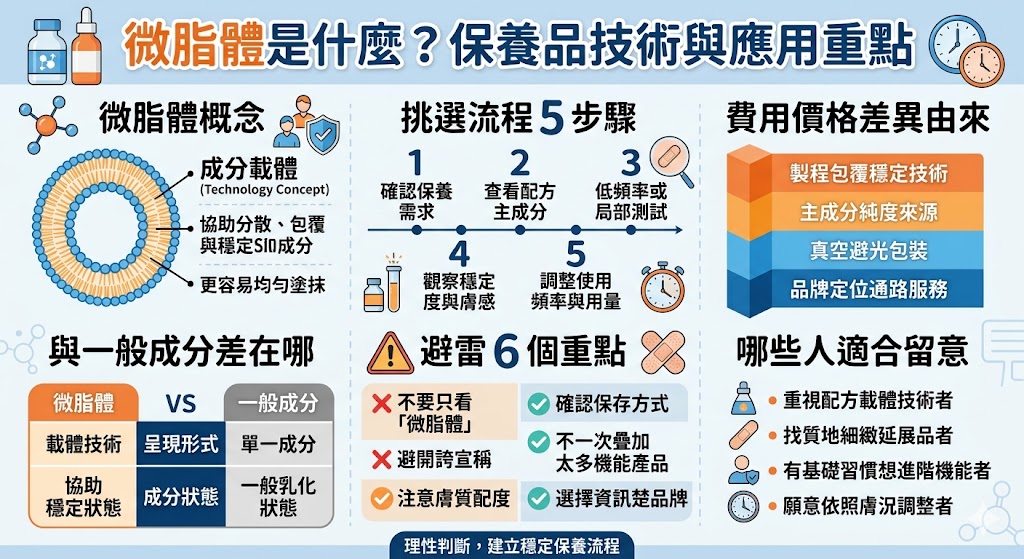 微脂體是近年常見於保養品與成分包覆技術中的配方概念,透過微脂體載體設計,有助於成分分散、穩定與提升使用時的均勻塗抹感。選擇微脂體產品時,建議同時查看主成分、膚質適配度、使用方式與品牌資訊,避免只因行銷標語購買,才能更理性判斷產品是否符合日常保養需求。