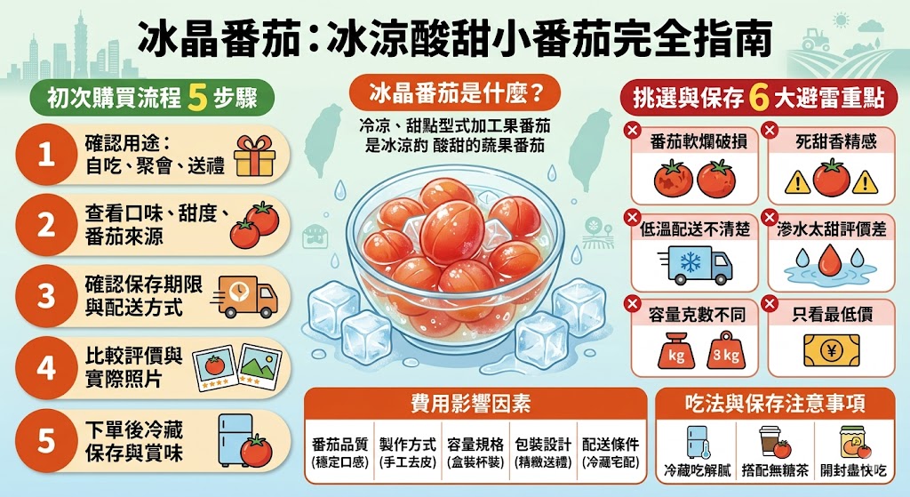 冰晶番茄是近年很受歡迎的清爽點心,口感冰涼酸甜,適合飯後解膩、下午茶、聚會分享或作為精緻伴手禮。挑選冰晶番茄時,建議留意番茄品質、調味比例、保存方式、冷藏配送與實際評價,避免只看價格而忽略口感與新鮮度。本文整理冰晶番茄的特色、購買流程、費用影響、保存方式與常見問題,幫助第一次購買的人更快找到適合的冰晶番茄。